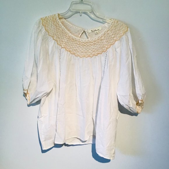 Solitaire Cotton White Boho Embroidered Puff Sleeve Blouse Tunic Top - Picture 6 of 12
